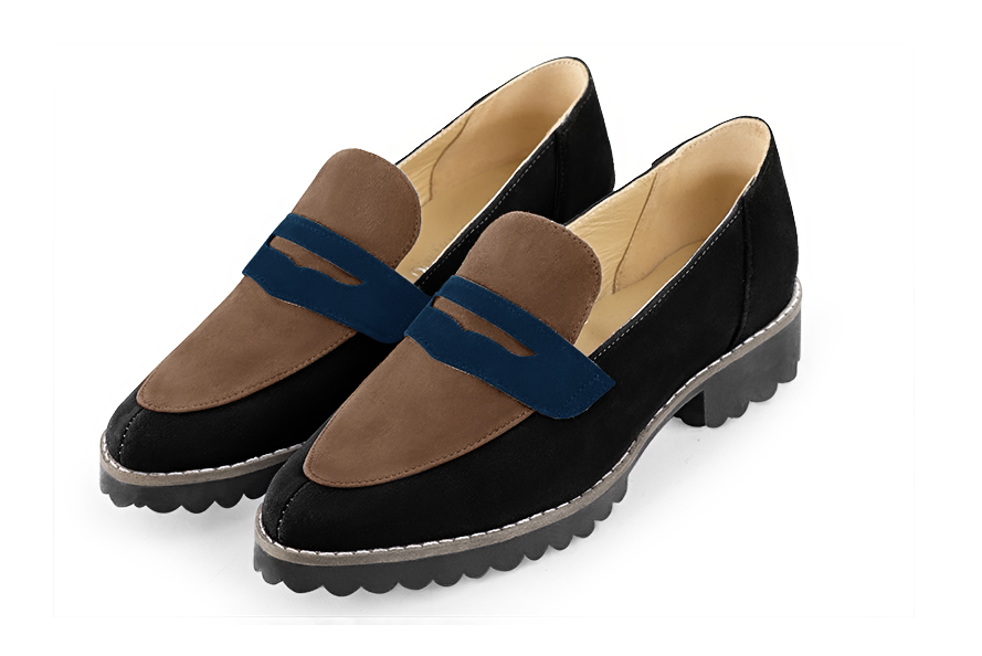 Matt black, chocolate brown and navy blue women's casual loafers. Round toe. Flat rubber soles. Front view - Florence KOOIJMAN